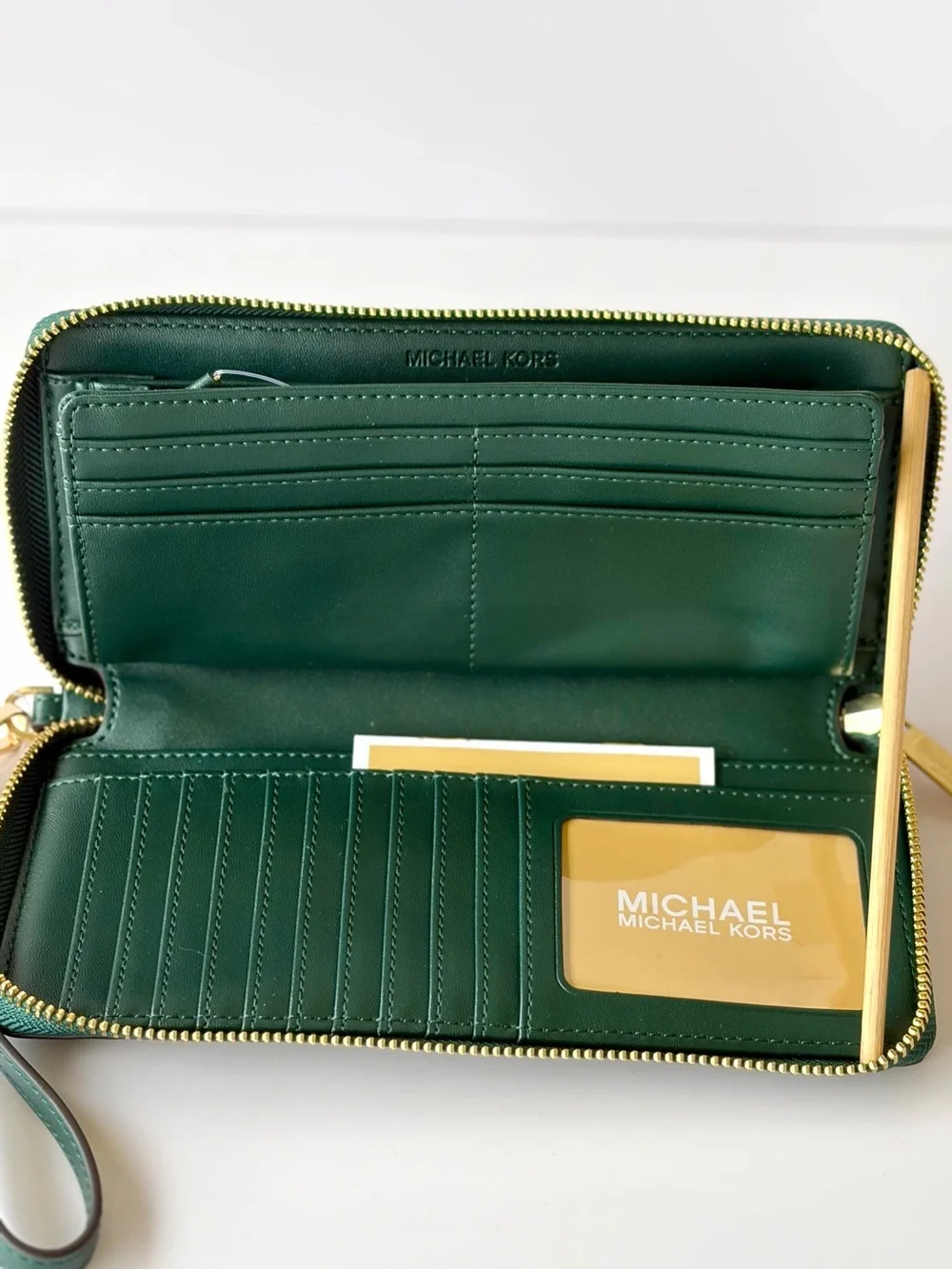 Michael Kors Racing Green Jet Set Travel Continental Wallet with Gold Hardware